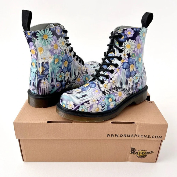DR. MARTENS | Pascal Paint Slick Backhand Purple White Floral Drip Boots US 7 - Picture 2 of 13